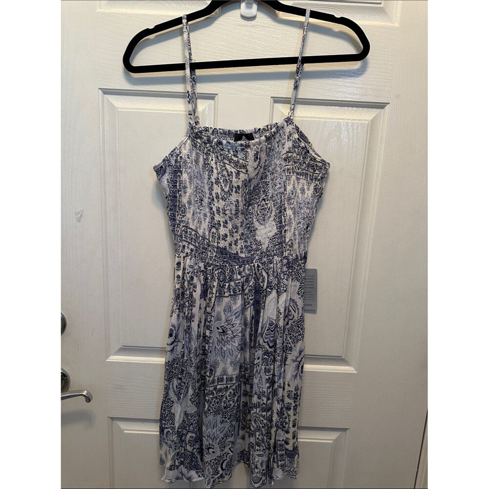 Nordstrom Angie Navy and White Printed Spaghetti-Strap Mini Dress Smocked Top L